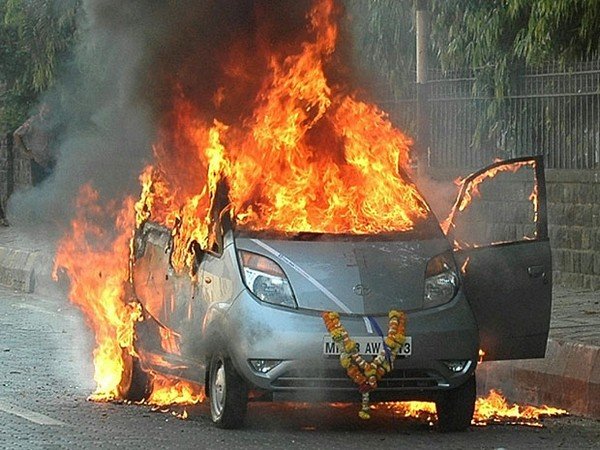 Tata Nano caching fire on the street