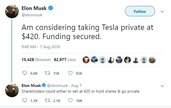 Twitter capture on Tesla CEO Elon Musk said on Twitter that he would like to take the electric car company private