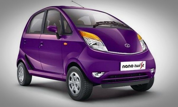 Purple Tata Nano angle view.