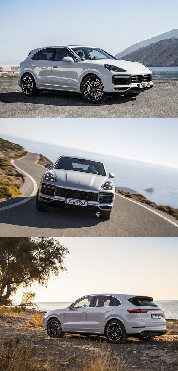 The 2018 Porsche Cayenne, white colour, front, rear angular look