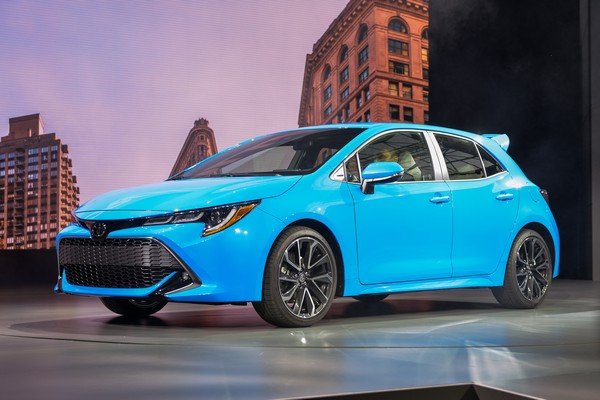 Toyota Corolla hatchback blue color at autoshow