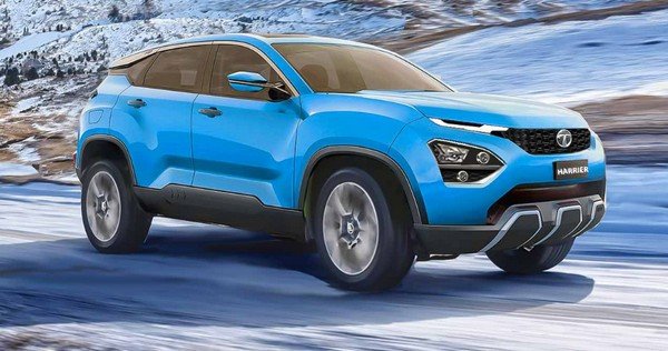 Tata Harrier SUV blue color running on road with snow