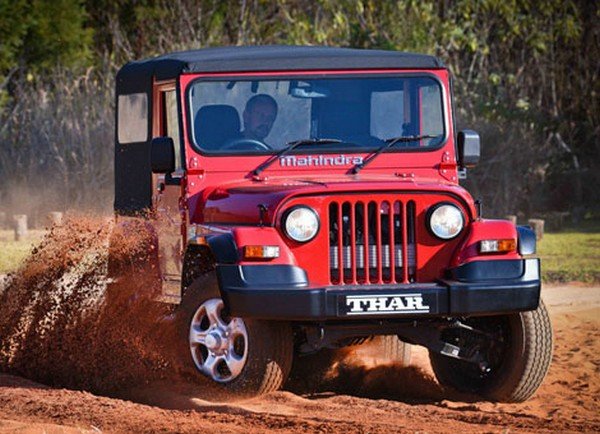 Mahindra Thar, Red Colour, front right angular look