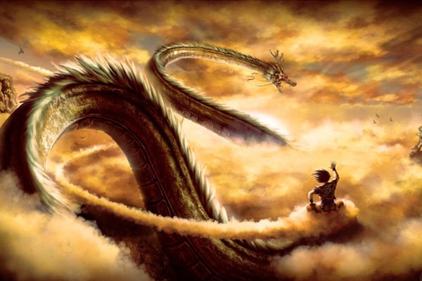 Goku is flying his nimbus around the Earth dragon