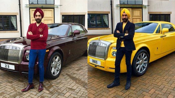 Reuben Singh wearing red and yellow turbans and his Rolls-Royces 