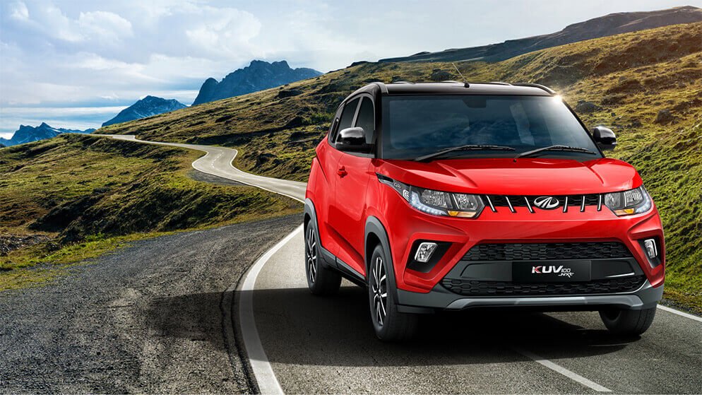 Mahindra KUV100 Exterior Front Look red color on road