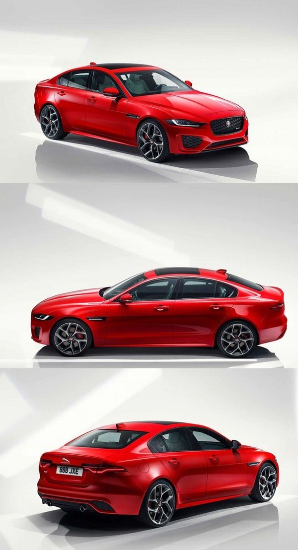 facelifted Jaguar XE red front, side profile and rear