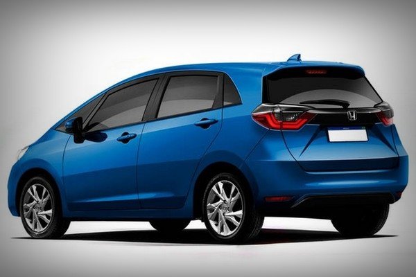 next-gen Honda Jazz rendered image blue colour rear angle