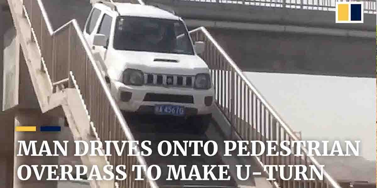 Man Drives an Old Suzuki Jimny Over Pedestrian Overpass For a Quick U-Turn