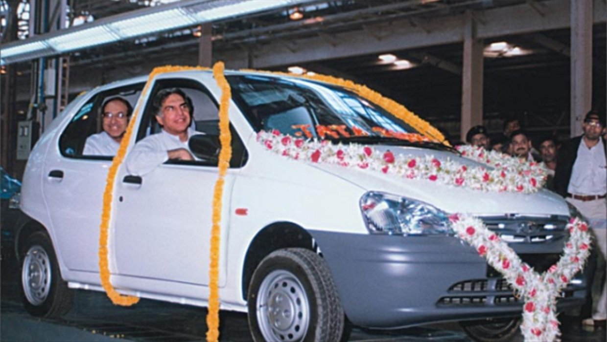 Ratan Tata rolling out the first Indica off the production line