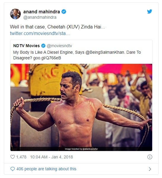 Check Out Anand Mahindra’s Reaction on Salman khan calling himself Diesel Engine