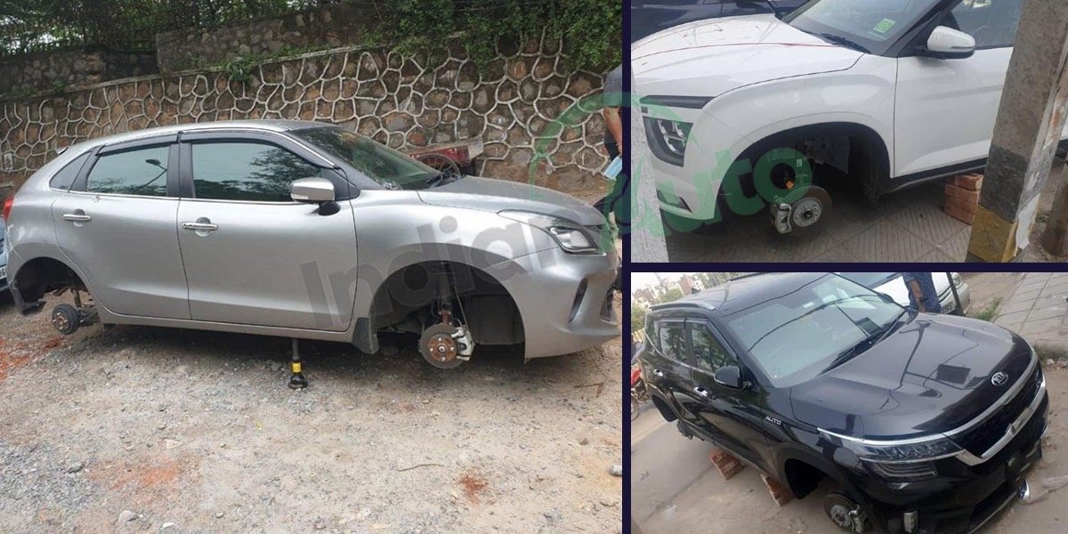 Alloy Wheels Of Maruti Baleno Stolen, Car Parked On Stack Of Bricks