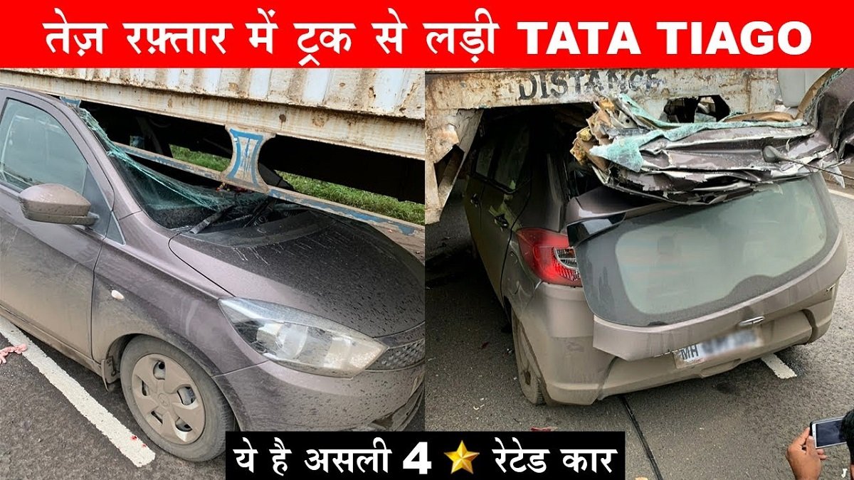 Tata Tiago Slides Under Truck, Roof Ripped, All Occupants Safe