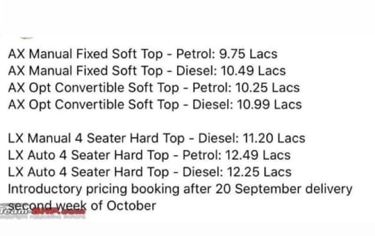 2020 Mahindra Thar Price List Leaked, Seems Affordable