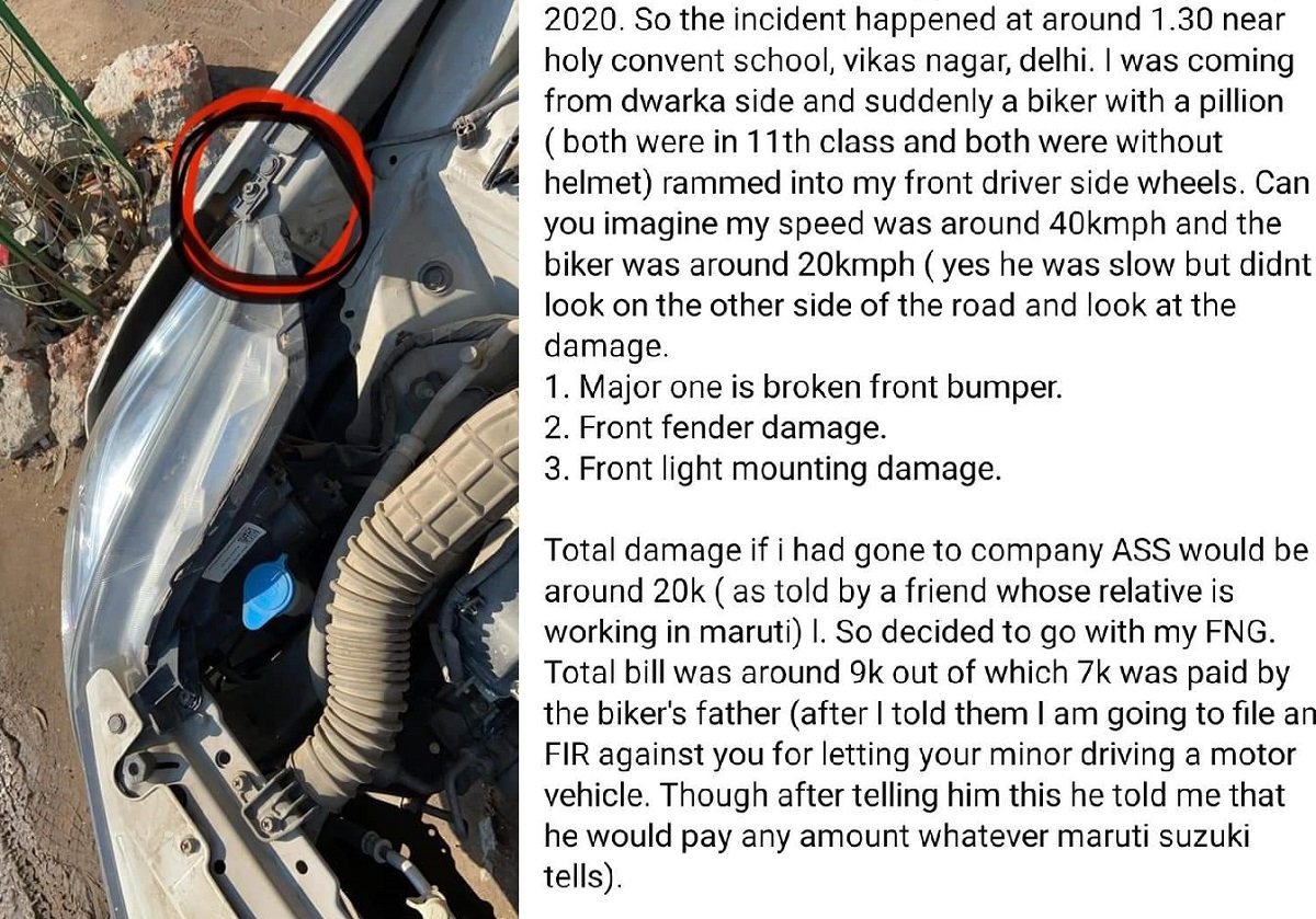 Maruti Baleno Suffers Damages Worth Rs. 20,000 After Biker Hit it at City Speeds