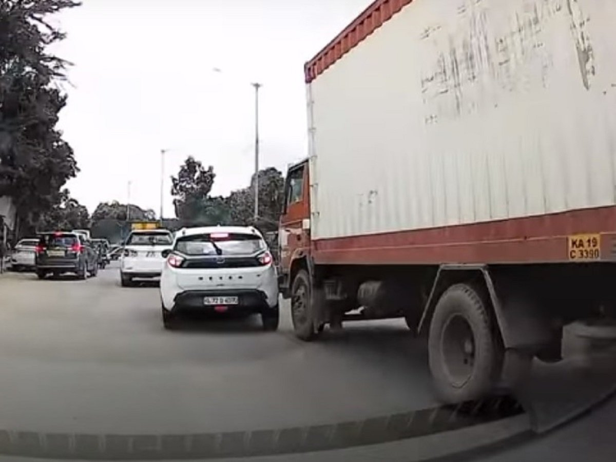 Truck Nudging Tata Nexon Shows Importance of Keeping Safe Distance & Blindspot Avoidance
