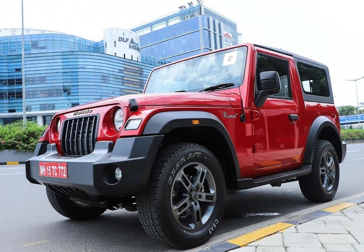 2020 mahindra thar red colour front three quarters