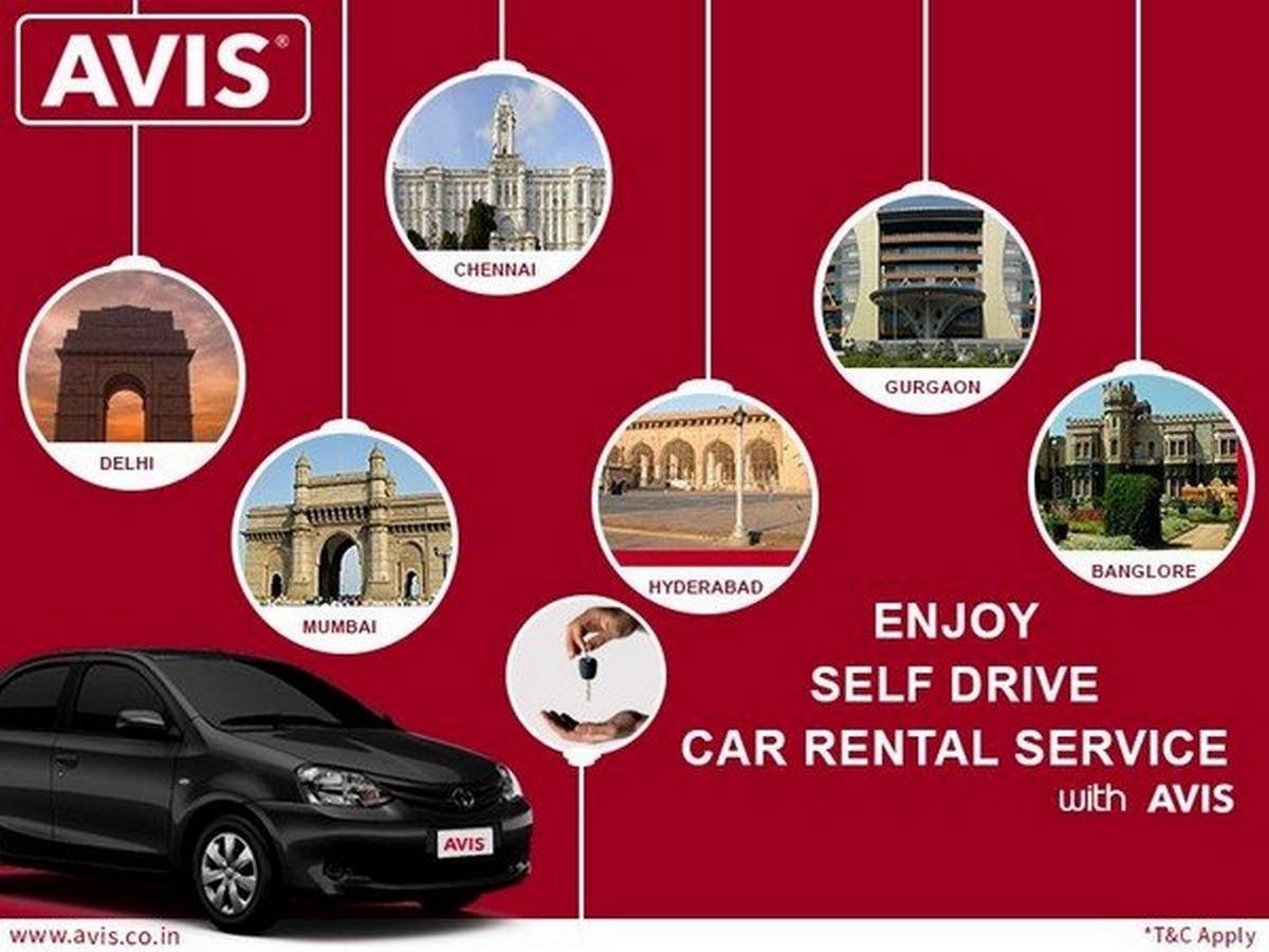 Avis logo on the left with image of cities on red background