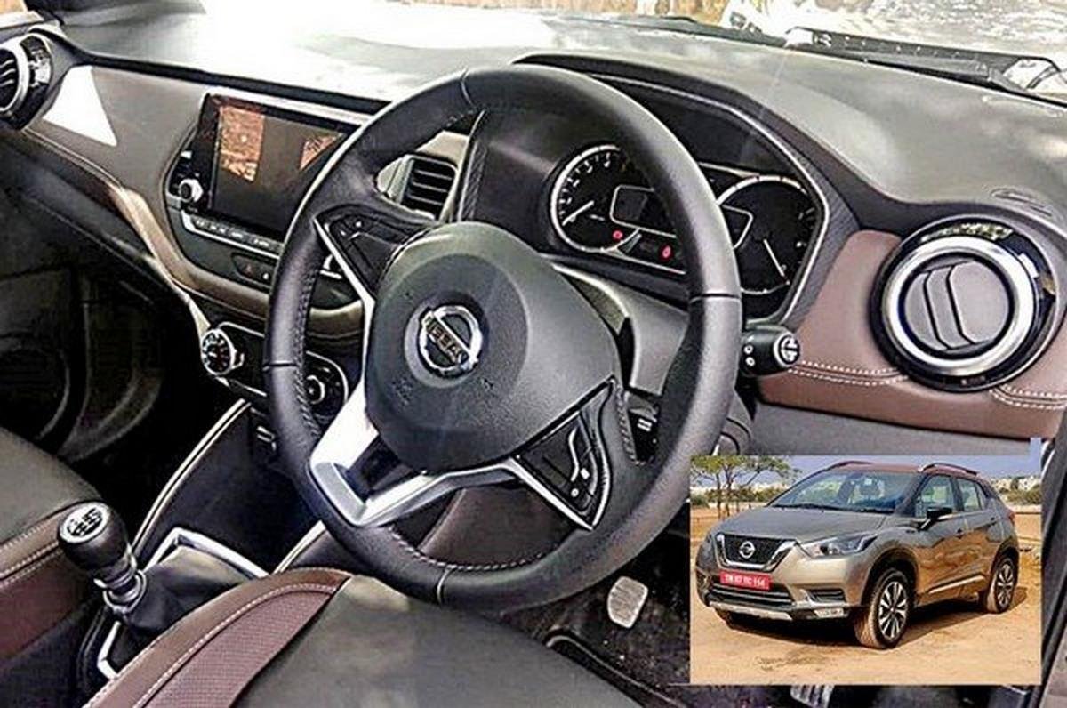 Kicks SUV interior a zoom of steering wheel